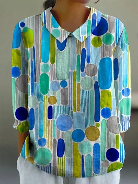 Watercolor Geometric Pattern Printed Women's Casual Cotton And Linen 3/4 Sleeve Shirt