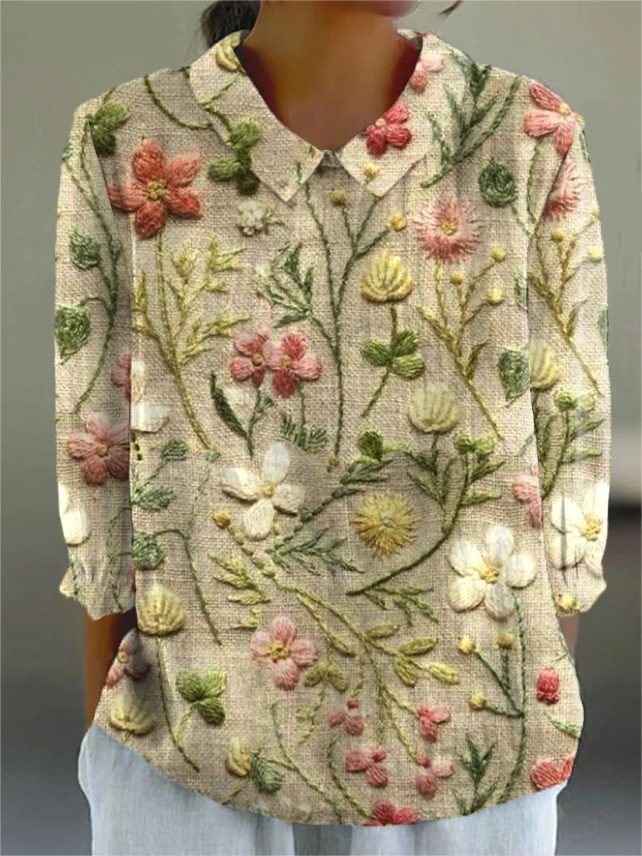 Women's Embroidered Floral Pattern Print Casual Cotton And Linen 3/4 Sleeve Shirt