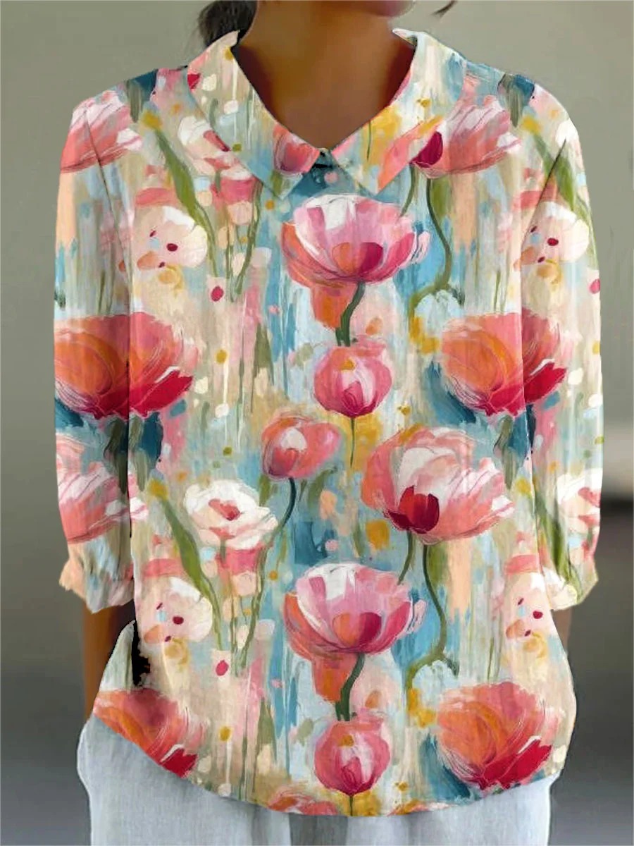 Women's Vintage Flower Art Print Casual Cotton And Linen 3/4 Sleeve Shirt