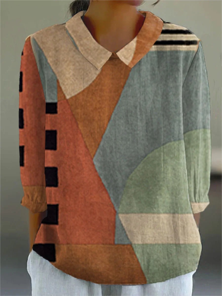 Women's Vintage Abstract Geometry Art Print Casual Cotton And Linen 3/4 Sleeve Shirt