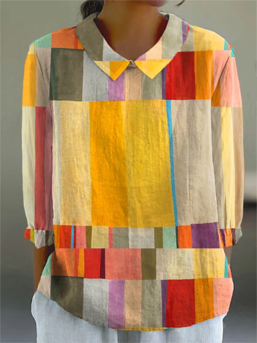 Women's Vintage Abstract Geometry Art Print Casual Cotton And Linen 3/4 Sleeve Shirt