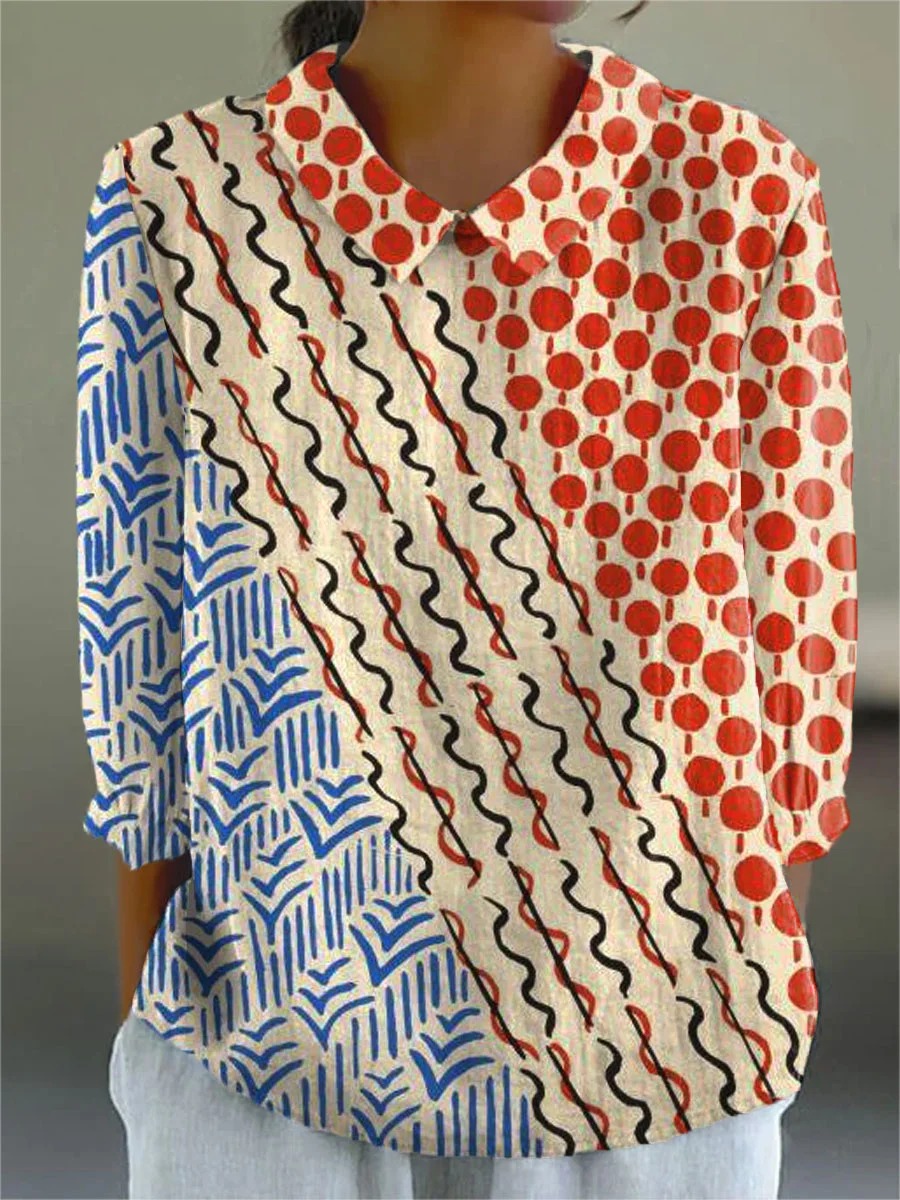 Women's Vintage Abstract Geometry Art Print Casual Cotton And Linen 3/4 Sleeve Shirt