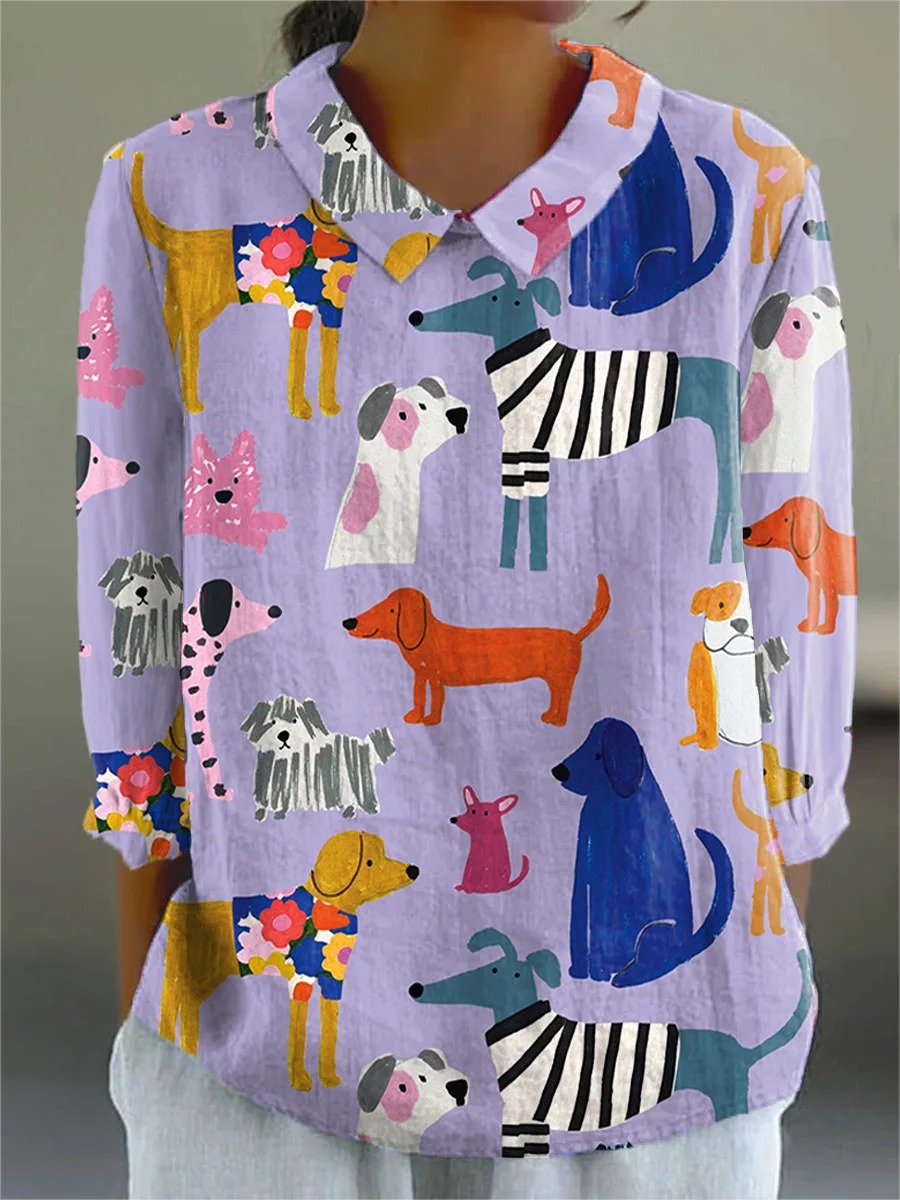 Women's Funny Dogs Print Casual Cotton And Linen 3/4 Sleeve Shirt