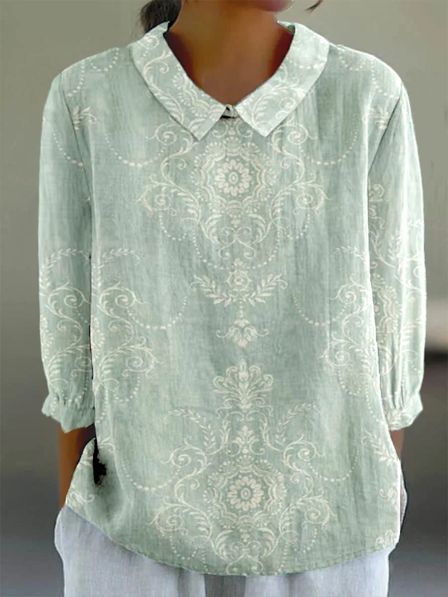 Women's Elegant Artistic Floral Pattern Casual Cotton And Linen Top