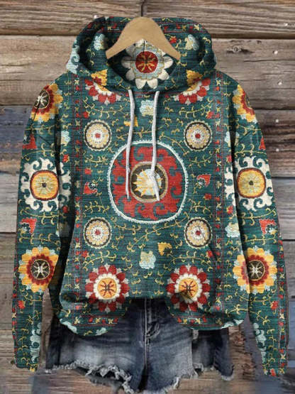 Vintage Ethnic Abstract Round Geometric Floral Art Print Casual Hoodie Sweatshirt