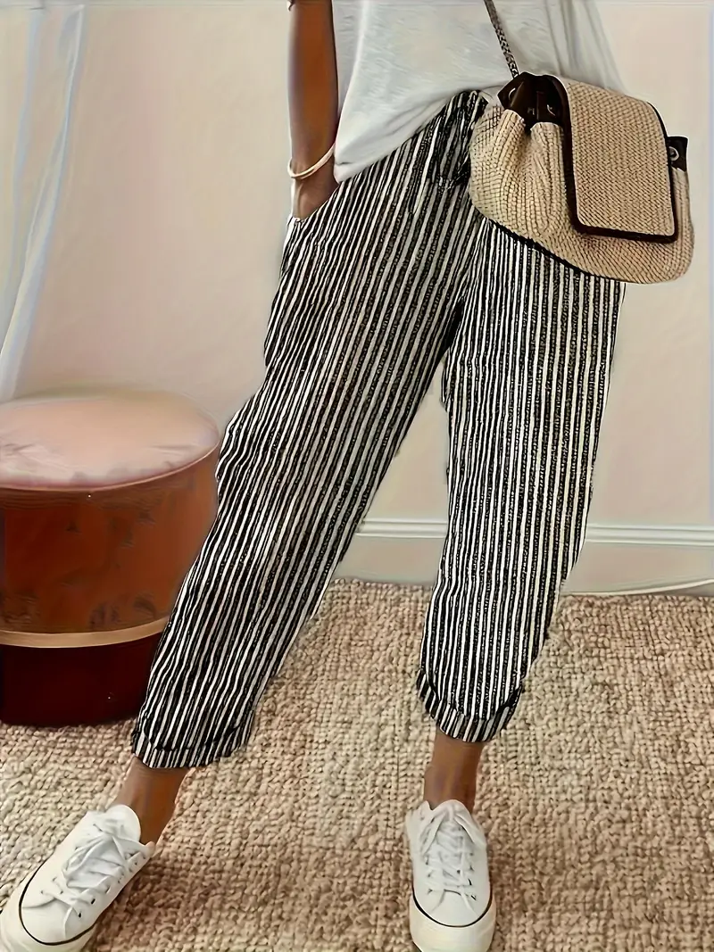 Women's Stripe Print Casual Elastic Waist Loose Pants