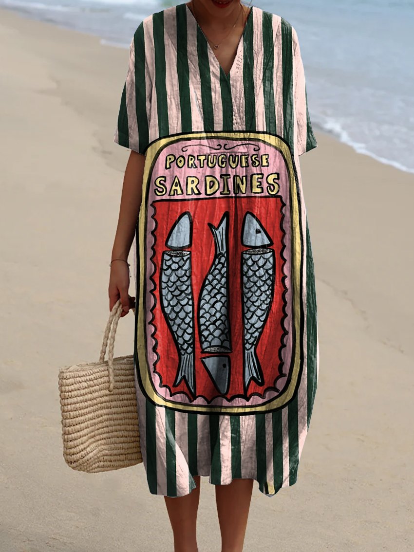 Women's Canned Pink-green Striped Sardines Watercolor Splash Fluid Art Print Flowy Dress