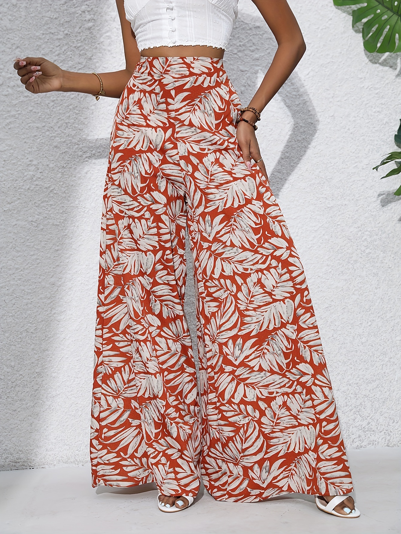 Boho Plants Print Pants, Casual High Waist Elastic Wide Leg Summer Beach Palazzo Pants, Women's Clothing
