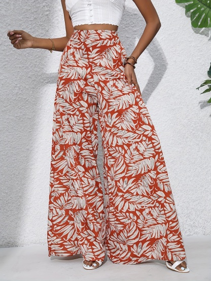 Boho Plants Print Pants, Casual High Waist Elastic Wide Leg Summer Beach Palazzo Pants, Women's Clothing
