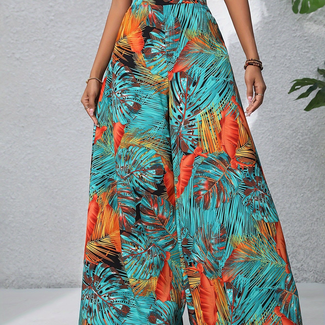 Boho Plants Print Pants, Casual High Waist Elastic Wide Leg Summer Beach Palazzo Pants, Women's Clothing