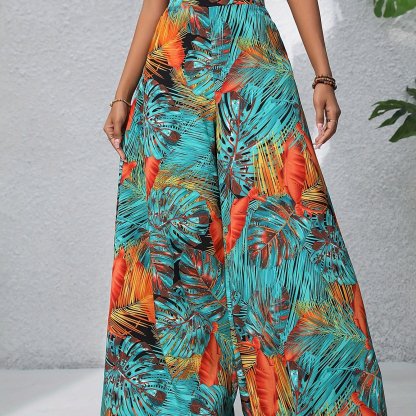 Boho Plants Print Pants, Casual High Waist Elastic Wide Leg Summer Beach Palazzo Pants, Women's Clothing