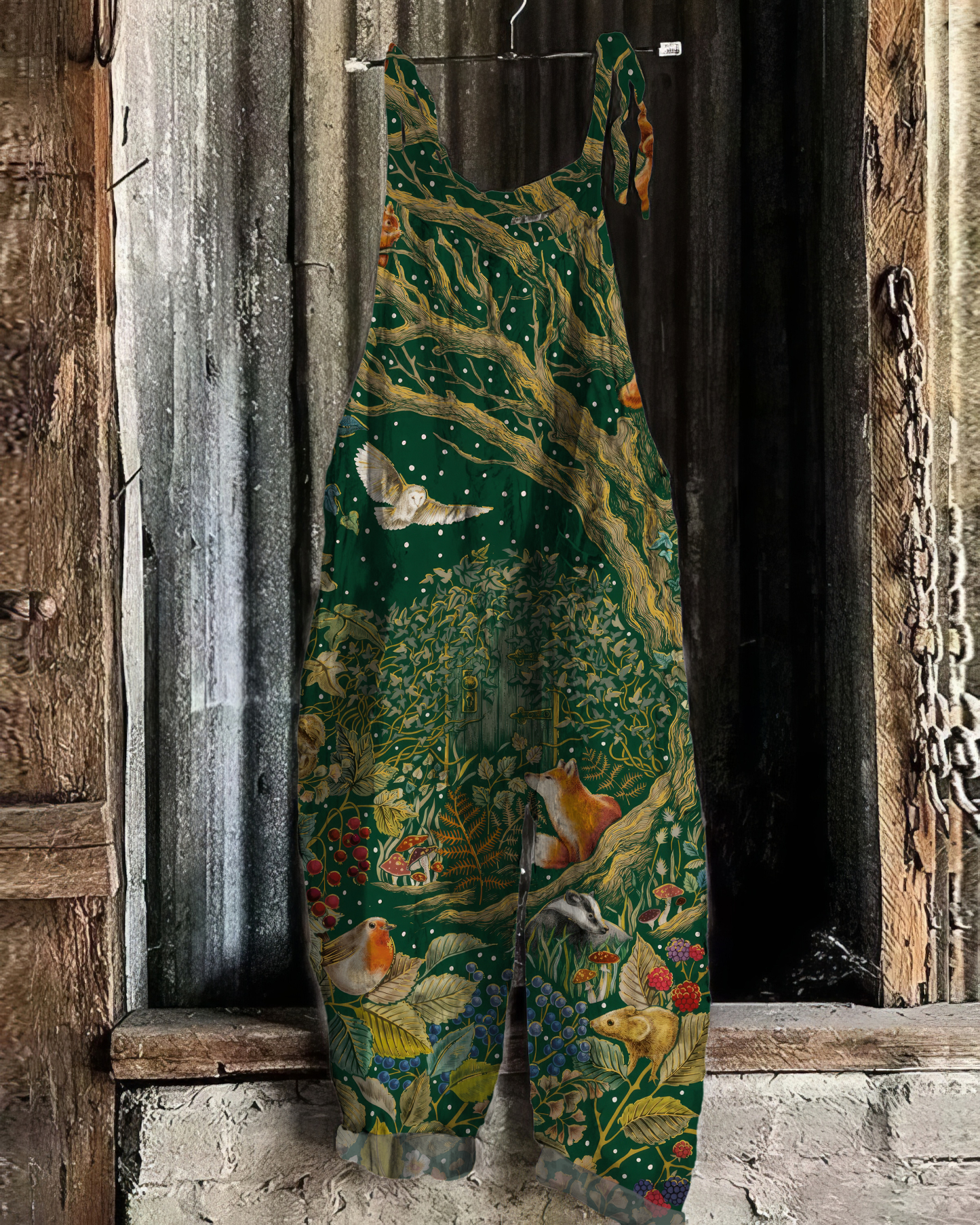 Vintage Fox Woodland Forest Pattern Linen Blend Jumpsuit