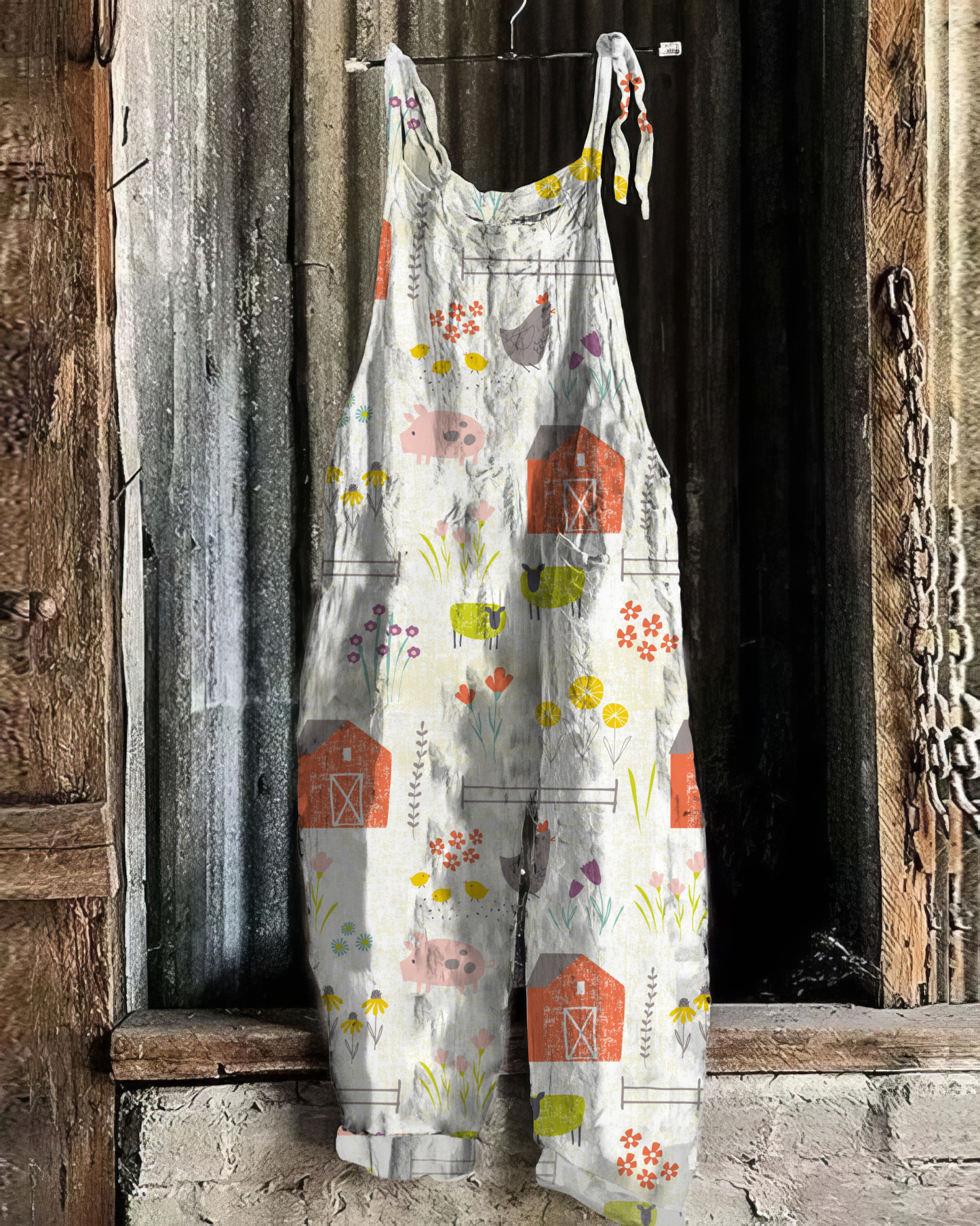 Vintage Farm Pattern Linen Blend Jumpsuit