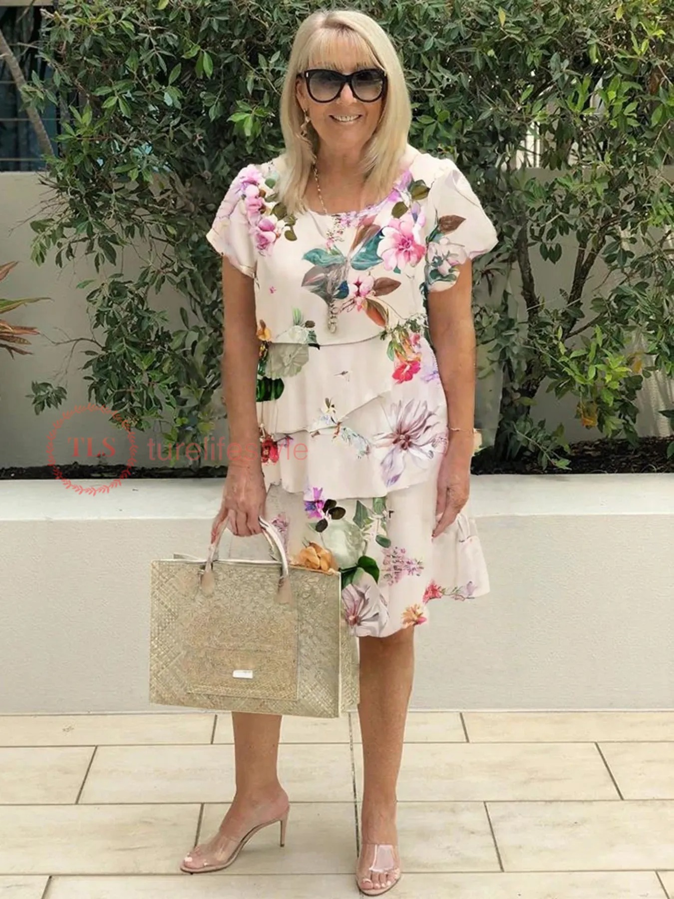 Multi-plant Floral Print Cascade Dress