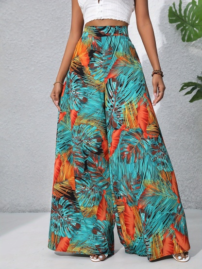 Boho Plants Print Pants, Casual High Waist Elastic Wide Leg Summer Beach Palazzo Pants, Women's Clothing