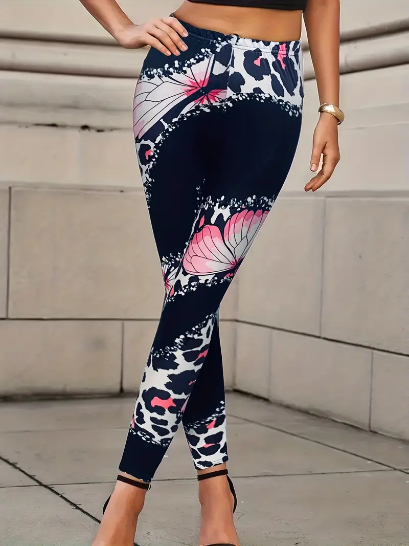 leopard print skinny-butterfly leopard print skinny leggings casual high waist stretchy leggings womens clothing details 4