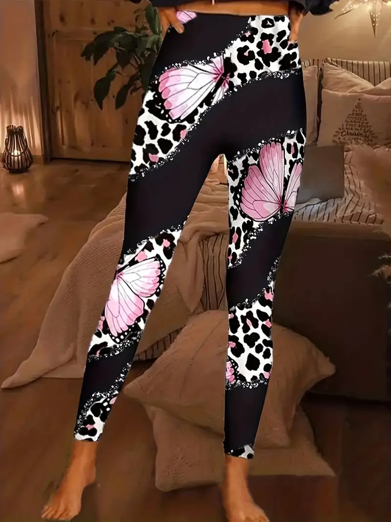 leopard print skinny-butterfly leopard print skinny leggings casual high waist stretchy leggings womens clothing details 3