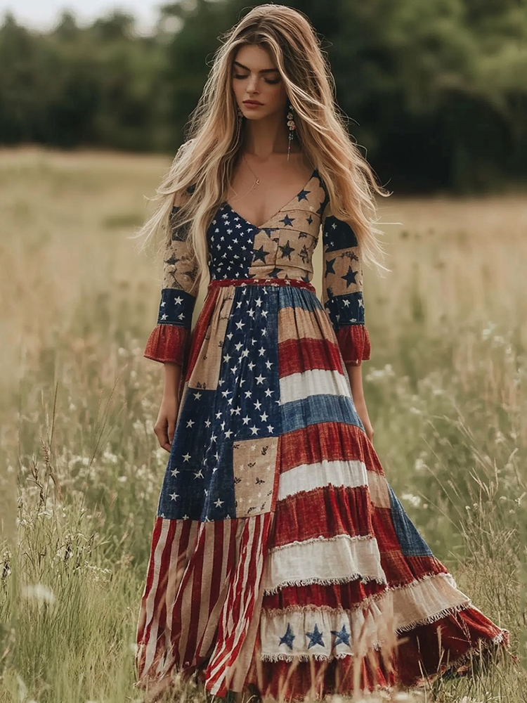 Independence Day Art Print V-Neck Flare Sleeve Vintage Elegant Dress main image 1