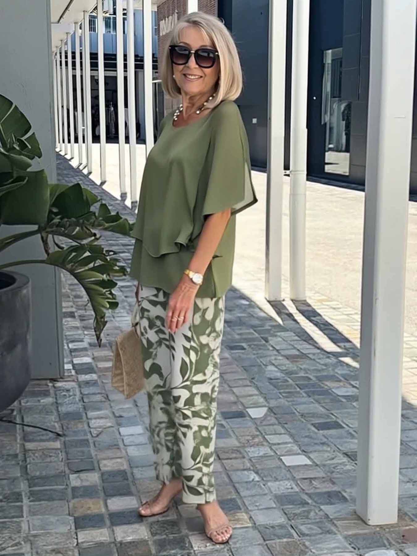 Casual Crew Neck Medium Sleeve Top Printed Floral Pants Set Two-piece Set