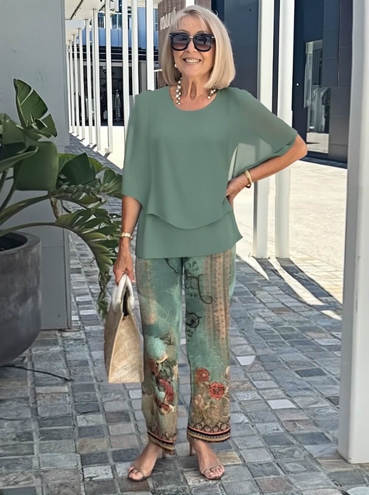 Casual Crew Neck Medium Sleeve Top Printed Floral Pants Set Two-piece Set