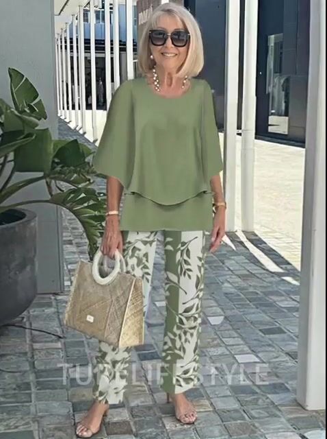 Casual Crew Neck Medium Sleeve Top Printed Floral Pants Set Two-piece Set