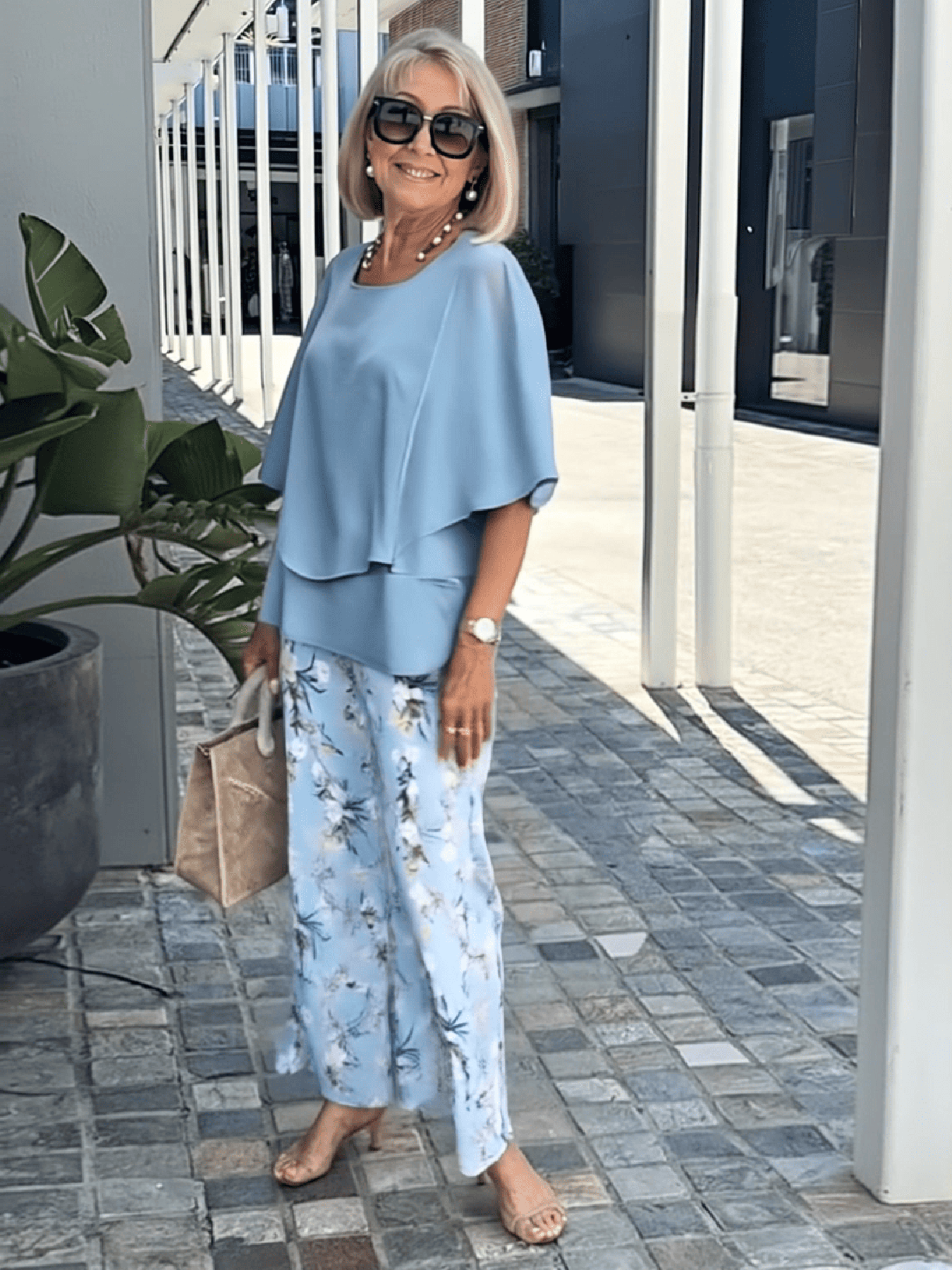 Casual Crew Neck Medium Sleeve Top Printed Floral Pants Set Two-piece Set