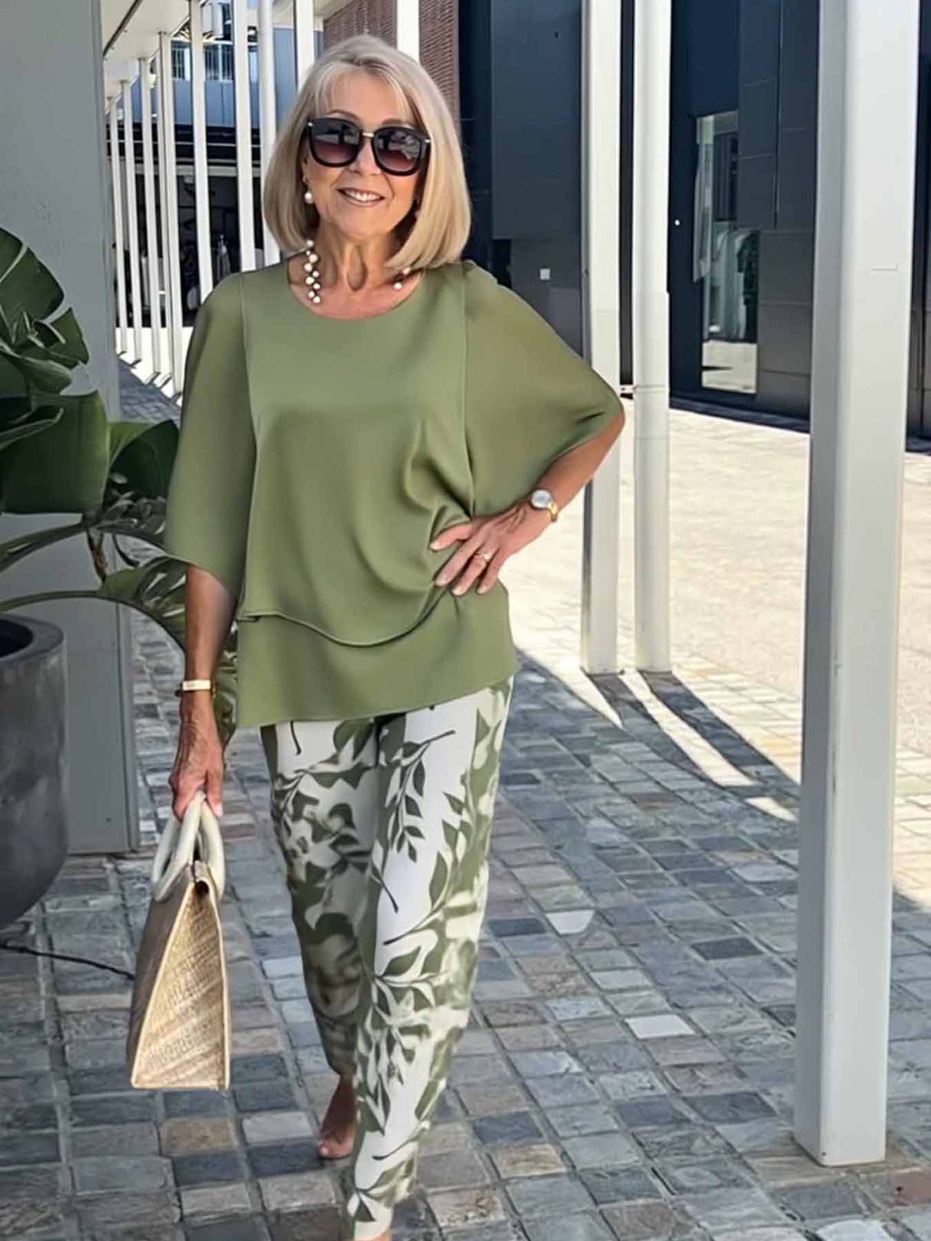 Casual Crew Neck Medium Sleeve Top Printed Floral Pants Set Two-piece Set