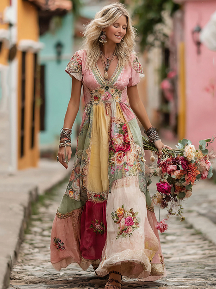 Vintage Floral Print V-Neck Maxi Dress