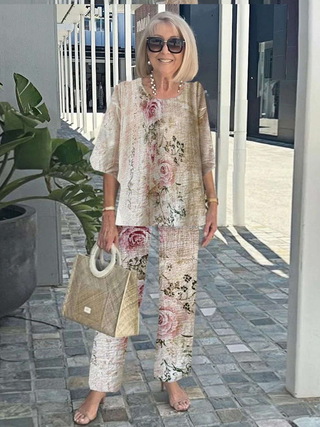 Casual Crew Neck Medium Sleeve Top Printed Floral Pants Set Two-piece Set