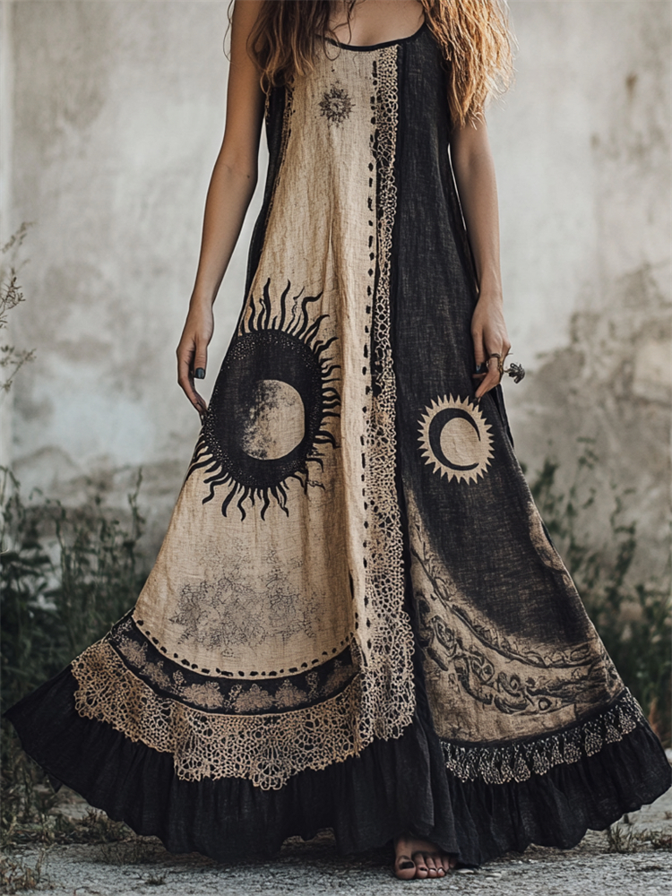 Lunivibe Mystical Sun & Moon Contrast Lace Layered Maxi Linen Dress