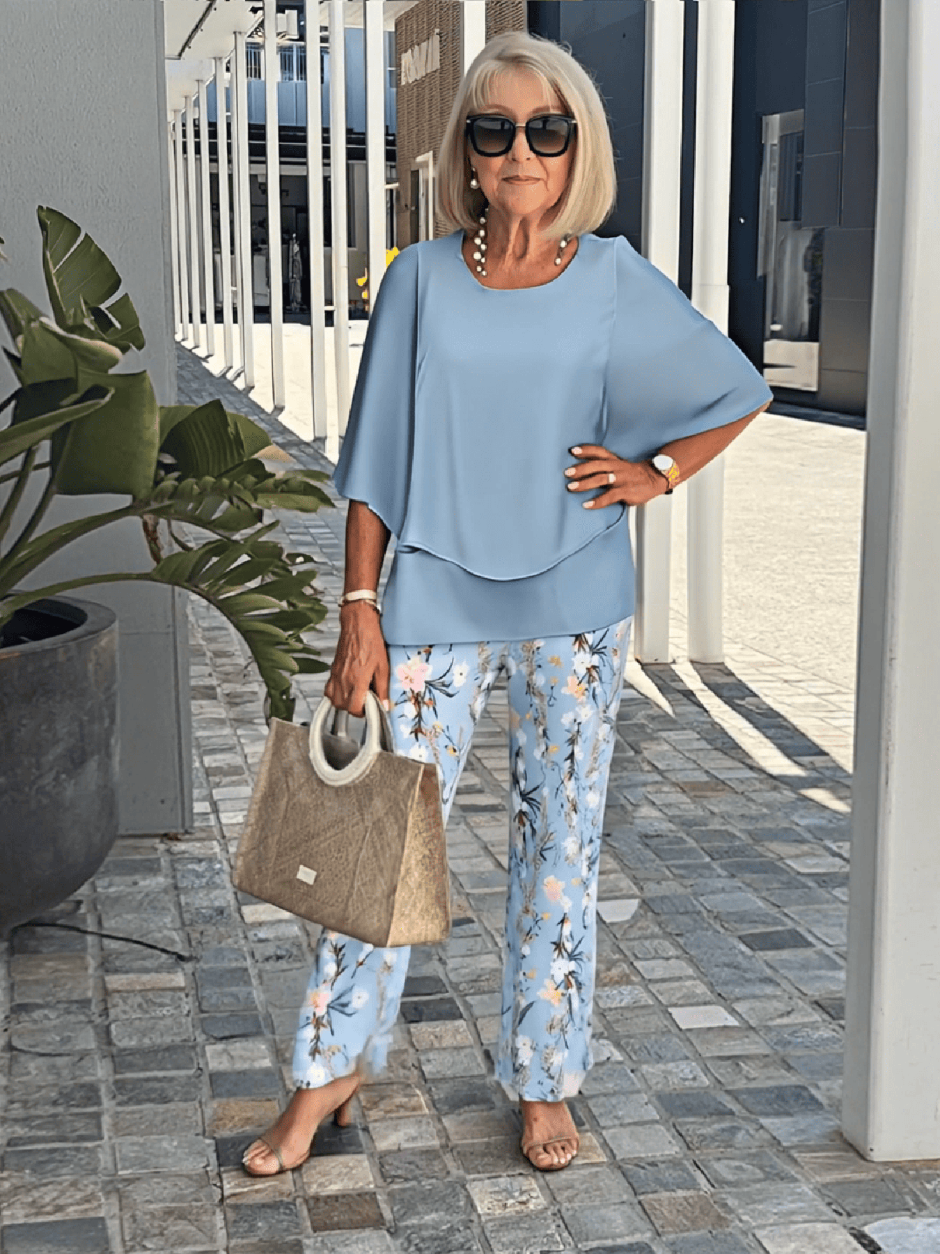 Casual Crew Neck Medium Sleeve Top Printed Floral Pants Set Two-piece Set