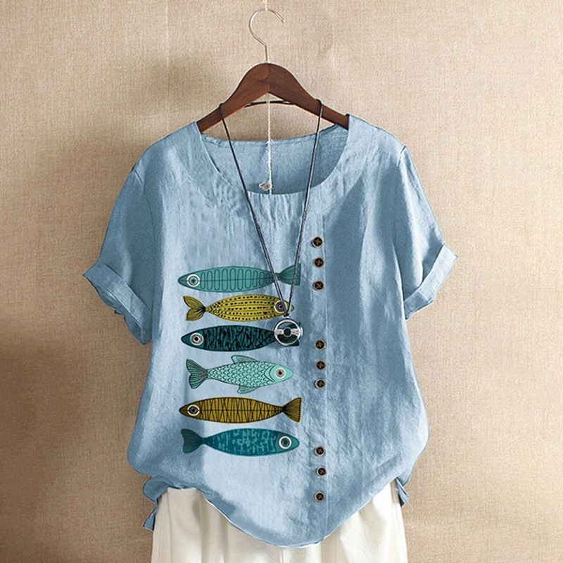 Cotton and Linen Printed Shirt Women