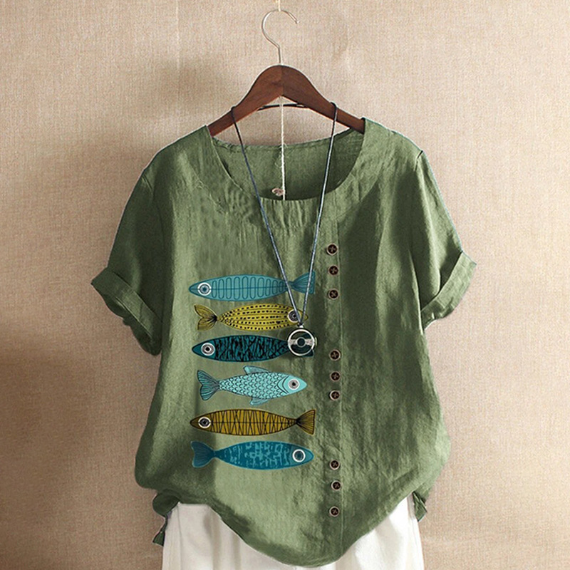 Cotton and Linen Printed Shirt Women