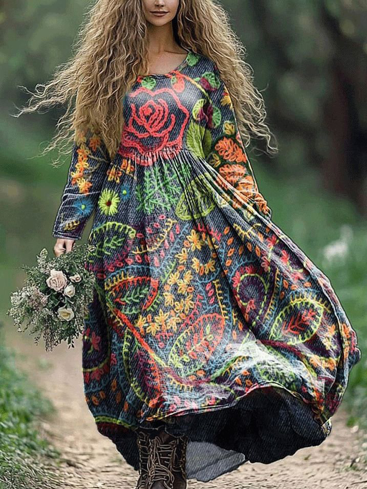 Stitching Floral Embroidery Pattern Women's Flowy Maxi Dress