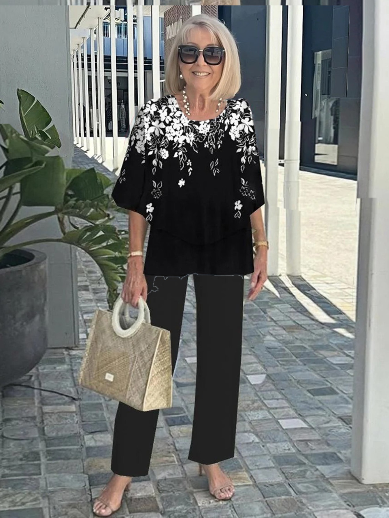 Casual Crew Neck Medium Sleeve Top Printed Floral Pants Set Two-piece Set