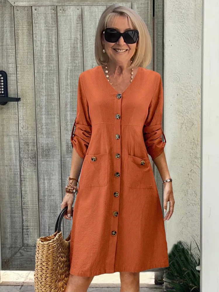 Button terracotta A-shaped V-neck long-sleeved dress