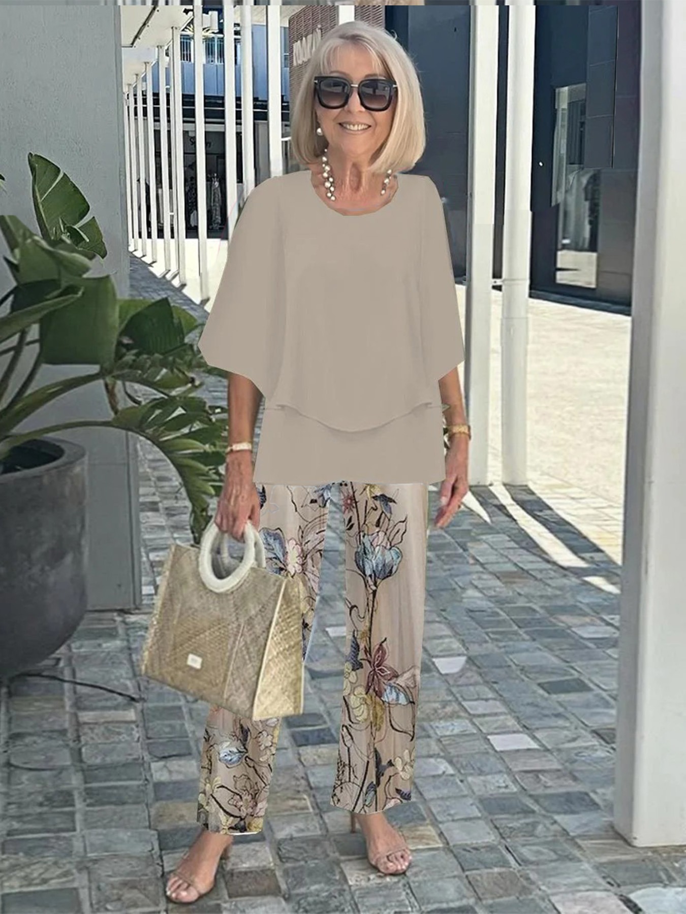 Casual Crew Neck Medium Sleeve Top Printed Floral Pants Set Two-piece Set