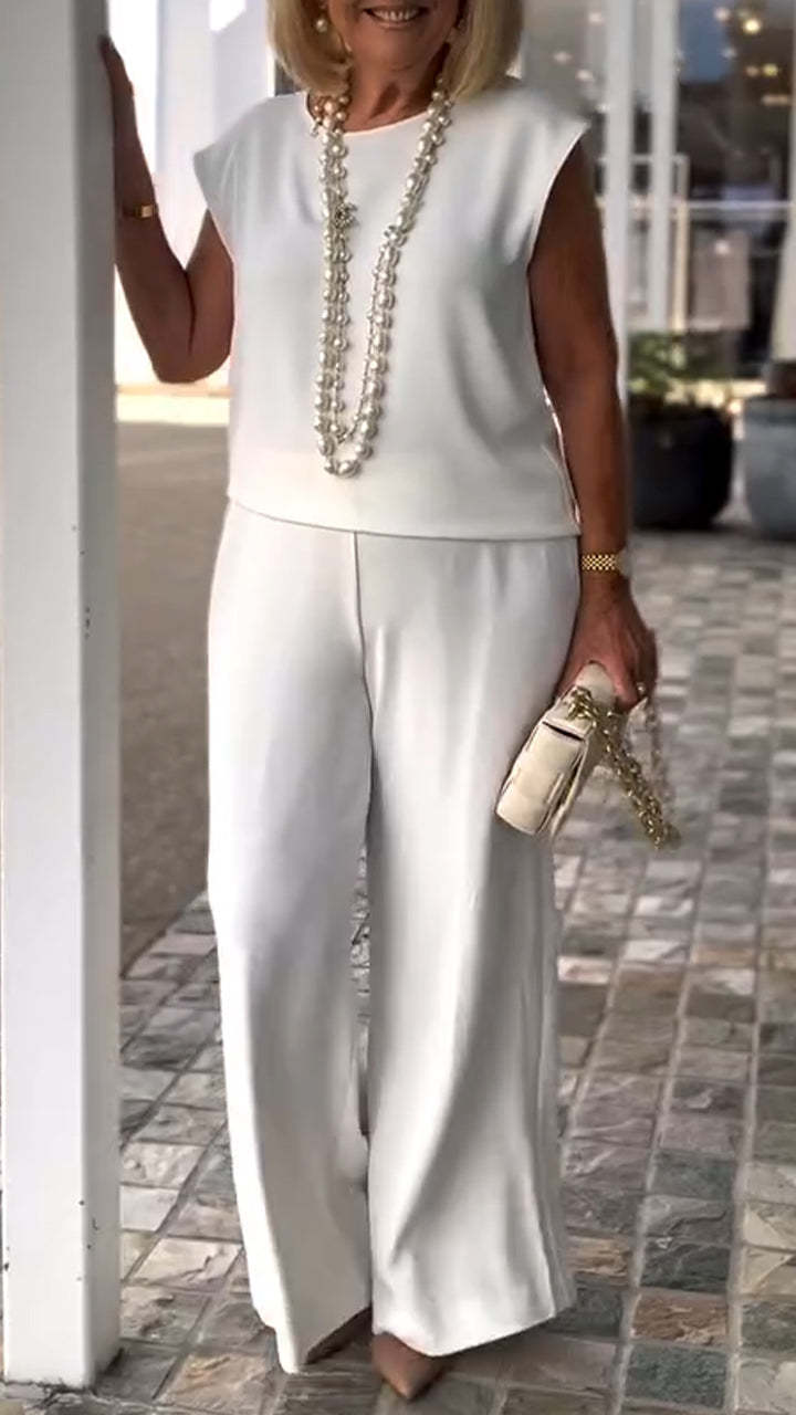 2025 new solid color round neck sleeveless top and trousers set