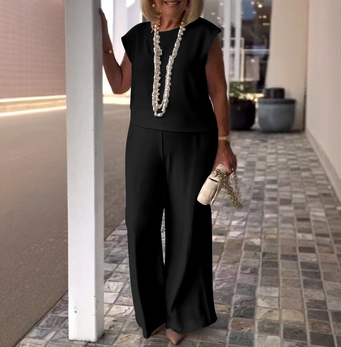 2025 new solid color round neck sleeveless top and trousers set