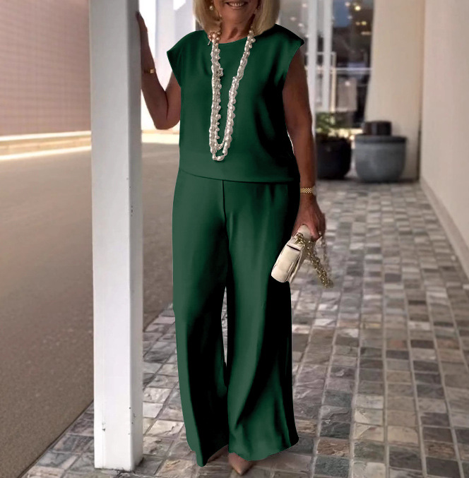 2025 new solid color round neck sleeveless top and trousers set