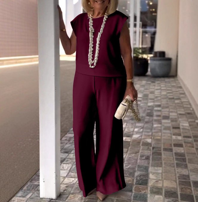2025 new solid color round neck sleeveless top and trousers set