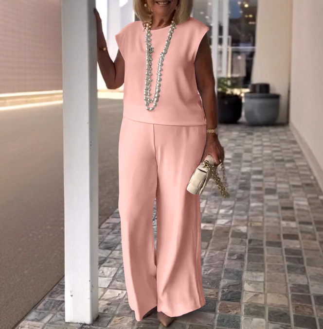 2025 new solid color round neck sleeveless top and trousers set