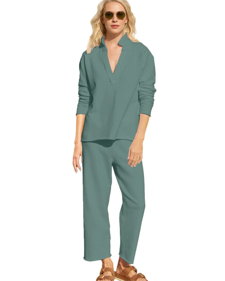 Women's long-sleeved pullover wide-leg pants suit