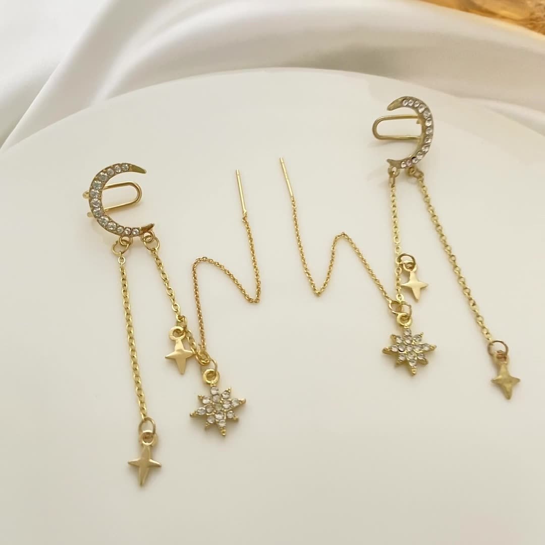 Moon and Star Tassel Ear Cuff