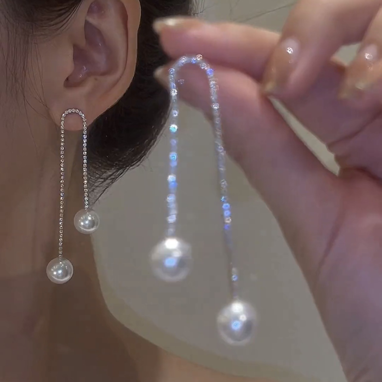Rhinestone Tassel Pearl Earrings