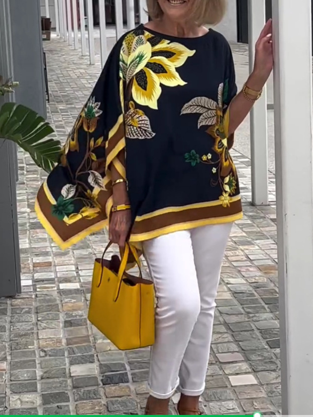New spring and summer women's outerwear temperament high-end printed short-sleeved mid-length tops