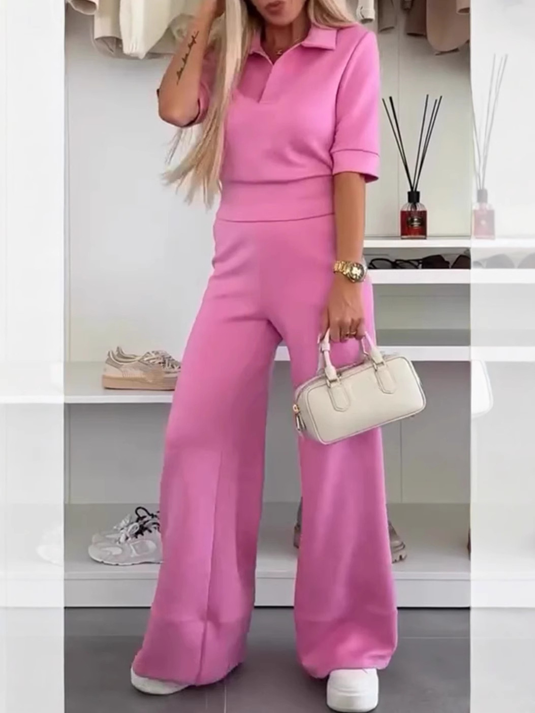Women's new casual suit short-sleeved plain high-waist wide-leg pants