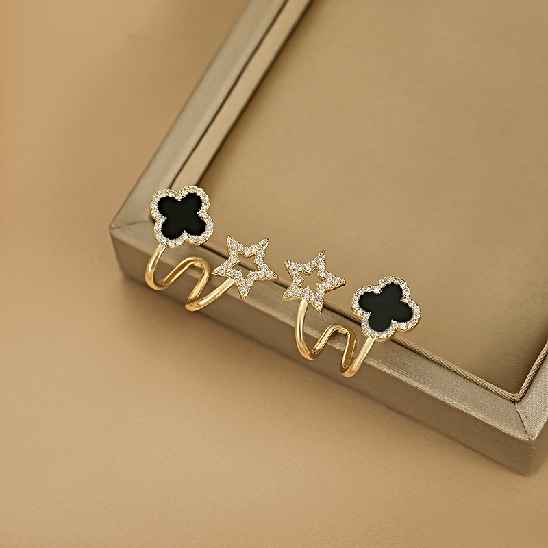 s925 silver needle black four-leaf clover fashionable and simple earrings