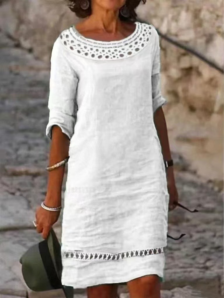 Women's Cotton Linen Dress Summer Shirt Dress Short Sleeve Midi Length Button Down Shirt Dresses Bussiness Work Dress