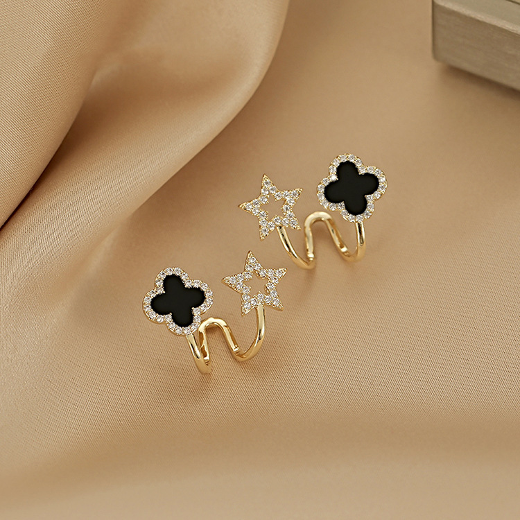 s925 silver needle black four-leaf clover fashionable and simple earrings
